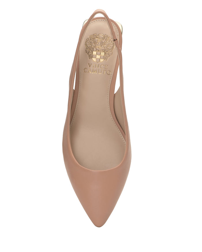 Top view of a single nude-colored leather Hamden Slingback flat shoe by Vince Camuto, featuring a pointed toe and gold logo and crest printed on the insole.
