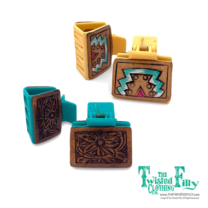 Hand Painted Genuine Leather Embossed Hair Clip SMALL - Assorted Designs