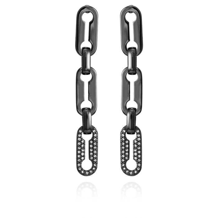 Vince Camuto Hematite Link Dangle Drop Earrings feature three black chain-link oval links, with the bottom link encrusted in crystal pavé stones, displayed on a white background.