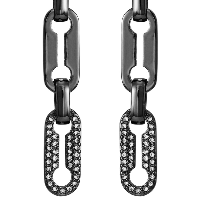 The Vince Camuto Hematite Link Dangle Drop Earrings feature two black metal chain-link drops, each boasting elongated oval links with a sleek hematite-tone finish. The bottom link of each modern, geometric earring is embellished with small, sparkling clear stones for a contemporary touch.