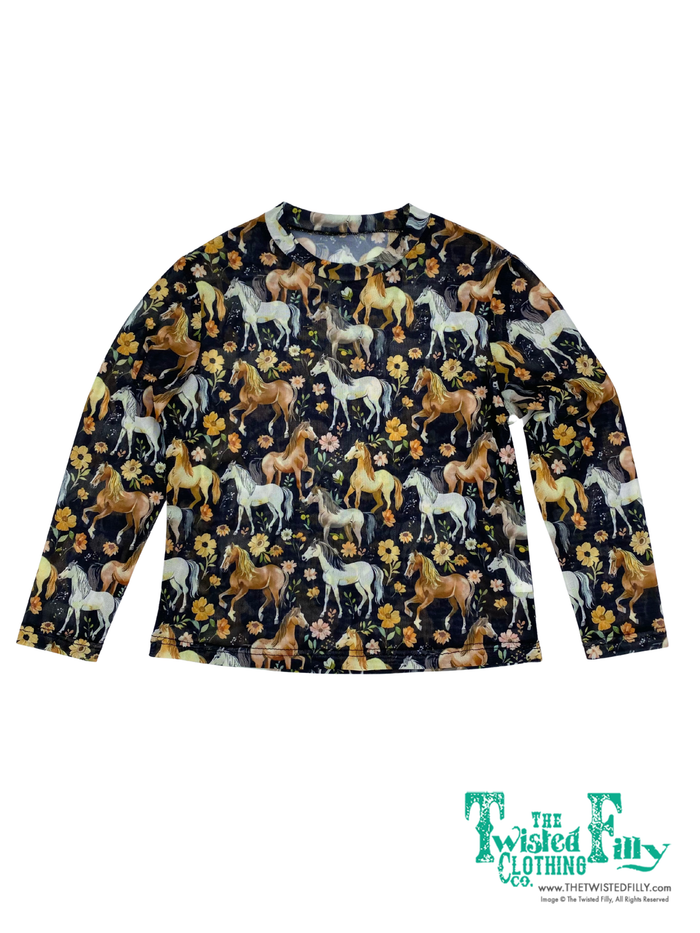 Long sleeve black mesh top with floral horse pattern
