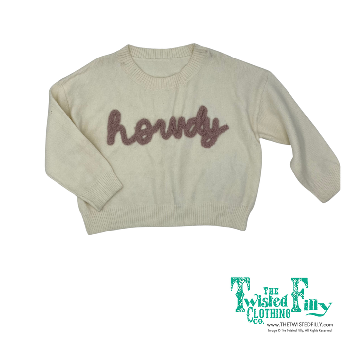 Long sleeve ivory knitted sweater with pink howdy detail