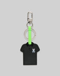 Iconic Polo Keychain featuring a black textured faux leather polo shirt shape with a small embroidered pink and white Psycho Bunny skull logo, attached to a silver metal clasp and key ring with a vibrant neon green strap.