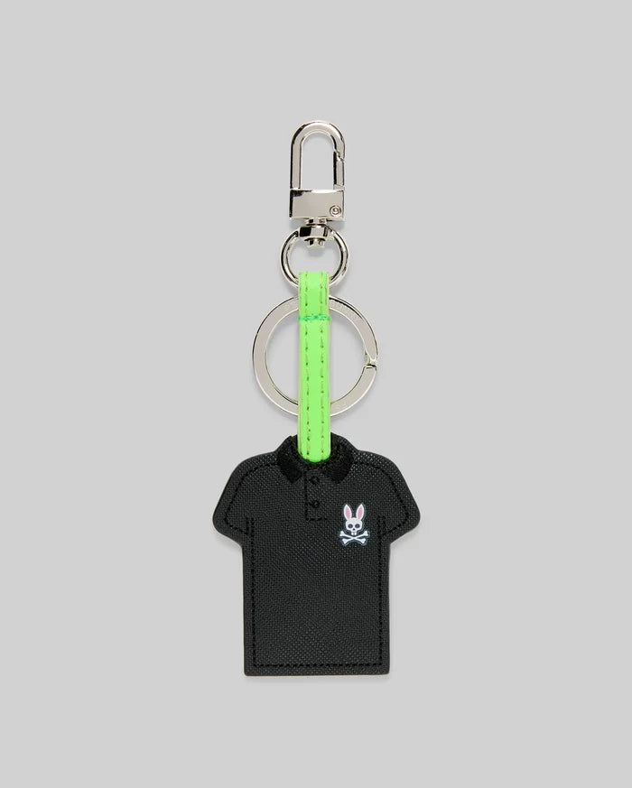 Iconic Polo Keychain featuring a black textured faux leather polo shirt shape with a small embroidered pink and white Psycho Bunny skull logo, attached to a silver metal clasp and key ring with a vibrant neon green strap.
