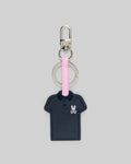 Iconic Polo Keychain featuring a navy blue textured faux leather polo shape with a small pink and white Psycho Bunny skull logo on the left chest, attached to a pink strap and silver metal hardware.