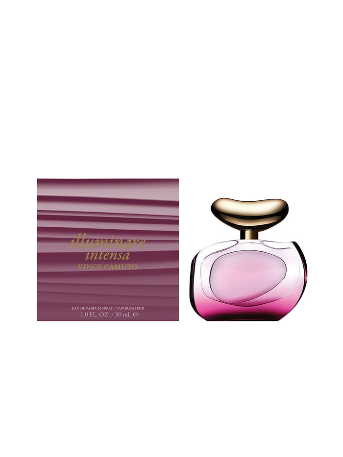 A bottle of Vince Camuto Illuminare Intensa 1.0 oz Eau de Parfum Spray, adorned with a gold cap and pink gradient glass, sits beside its matching mauve and gold striped box, reflecting the luxurious essence of this Vince Camuto fragrance.