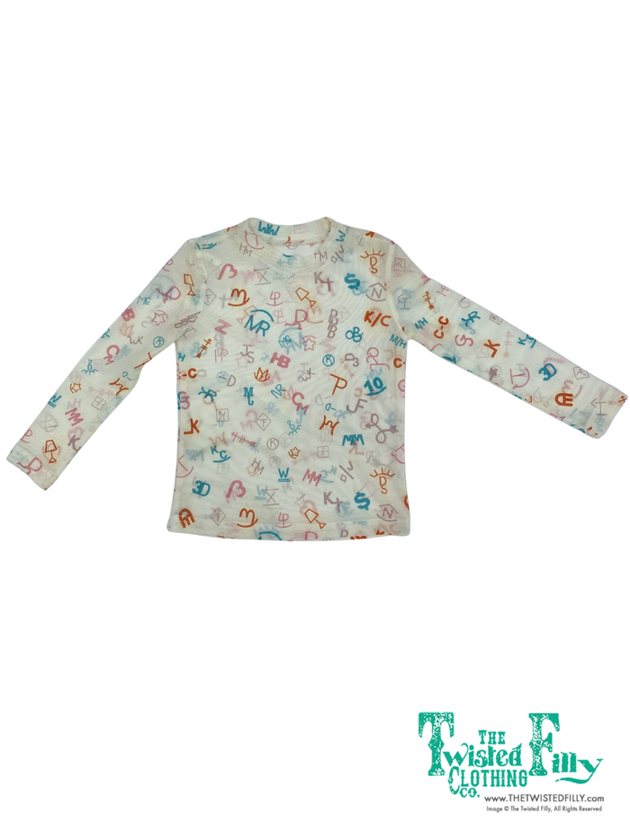 Long sleeve ivory mesh top with multi color western brand pattern