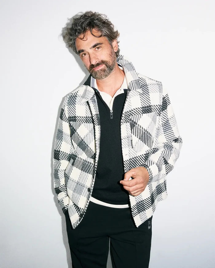 Mens Kessler Relaxed Plaid Overshirt in white, black, and grey textured plaid, featuring a full-zip front, classic collar, and small Psycho Bunny logo on the zipper pull.