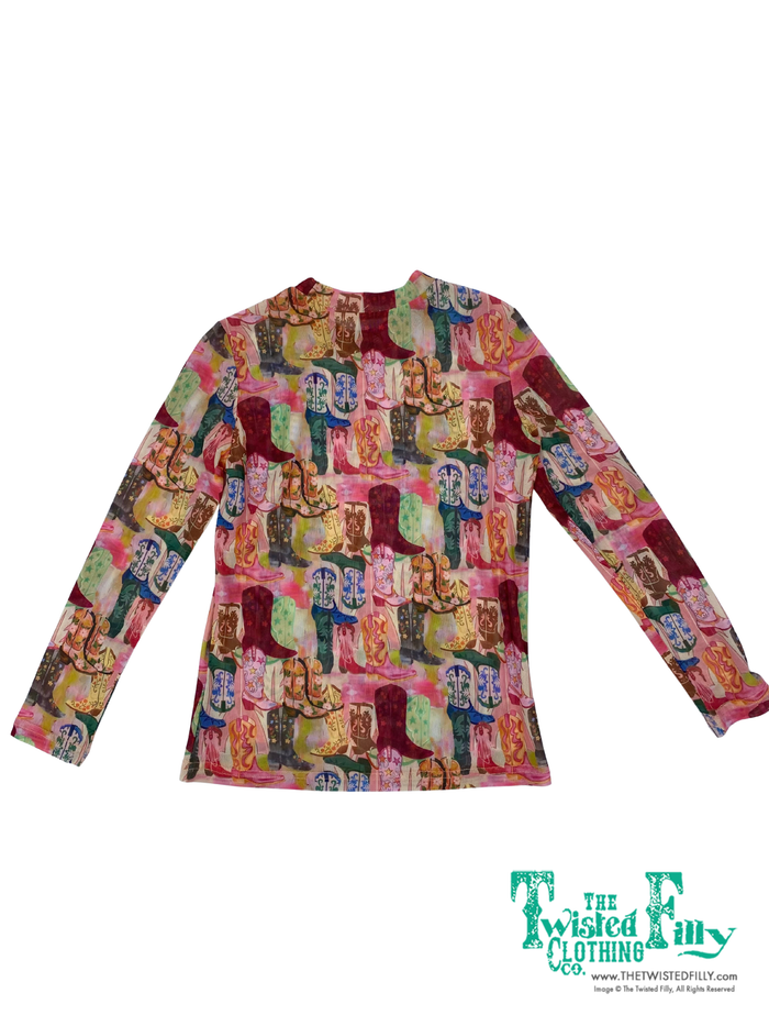 Long sleeve mesh top with multi color cowgirl boots pattern
