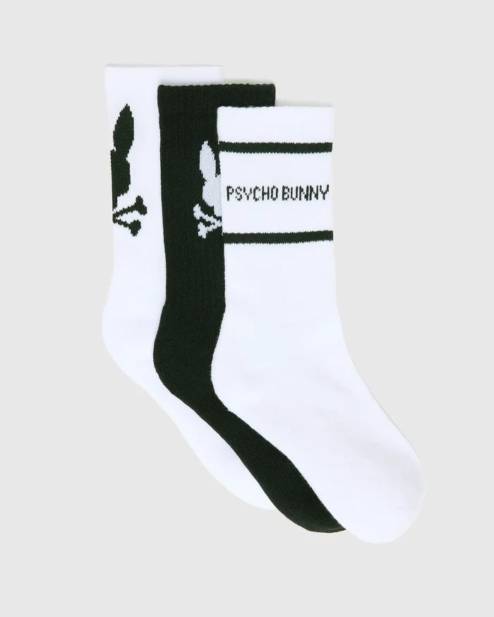 KIDS 3 PACK SPORT SOCKS in white and black, featuring large Psycho Bunny skull logos on two pairs and Psycho Bunny text with black stripes on one white pair, crafted from a smooth knit fabric.