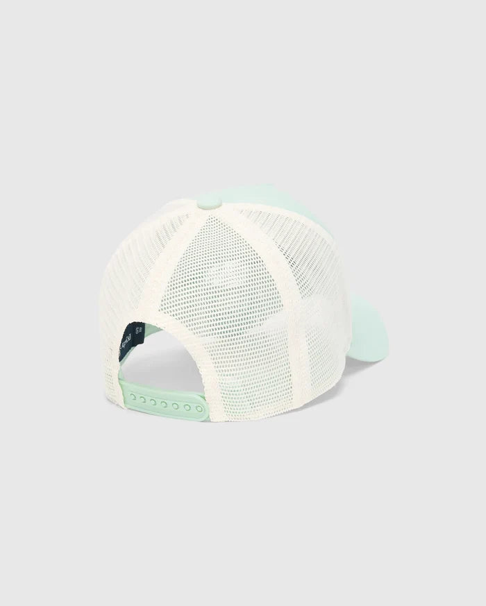Kids Adamo Bunny Trucker Cap featuring a fresh mint green front and brim, paired with a breathable cream mesh back. This stylish cap includes an adjustable mint green snapback closure for a comfortable fit.