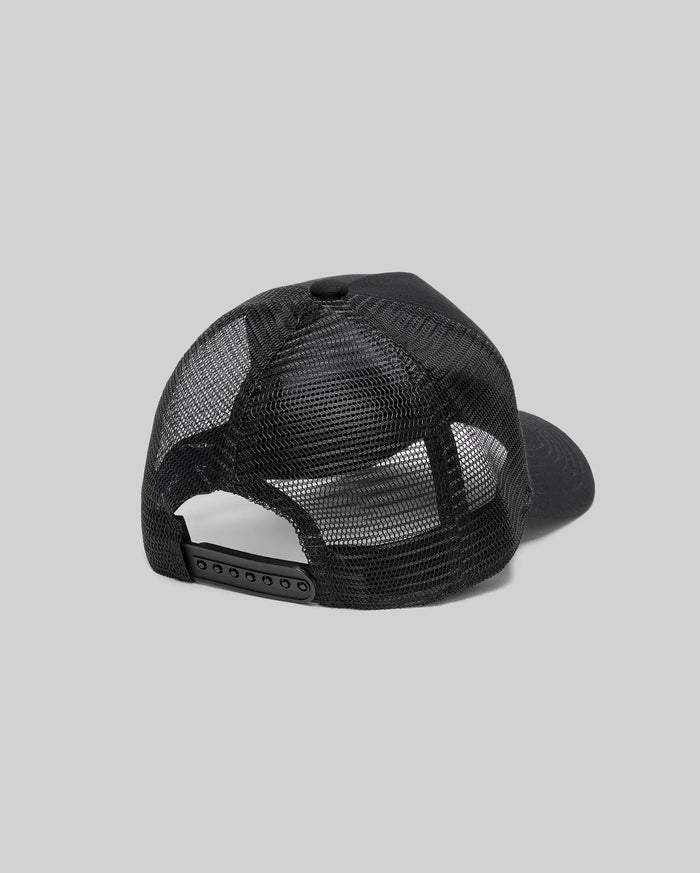 Black Kids Adamo Trucker Cap featuring a breathable black mesh back, a solid black crown, and an adjustable black snapback closure for a classic streetwear look.