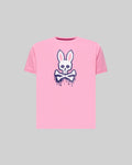 Kids Carl Graphic Tee: Pink jersey t-shirt with a large, centered white and dark blue dripping Psycho Bunny skull and crossbones graphic print, classic fit.