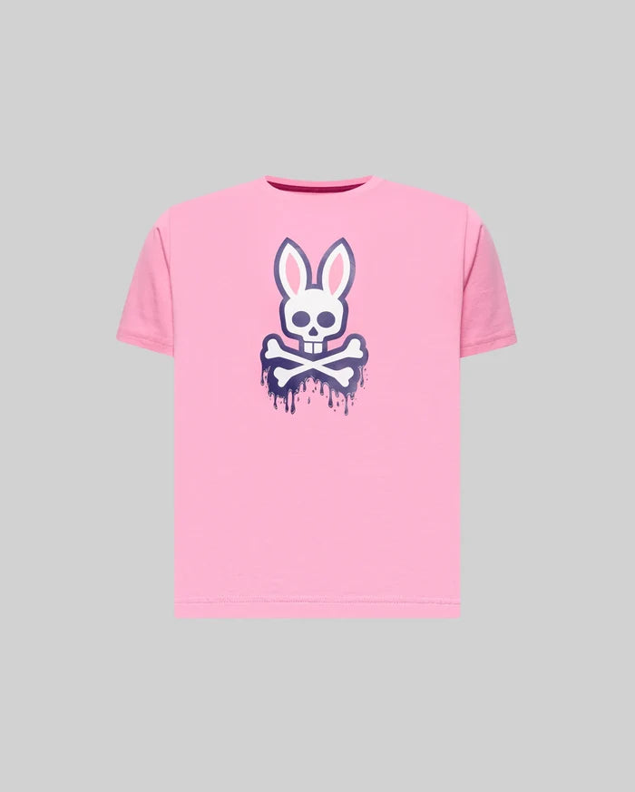 Kids Carl Graphic Tee: Pink jersey t-shirt with a large, centered white and dark blue dripping Psycho Bunny skull and crossbones graphic print, classic fit.