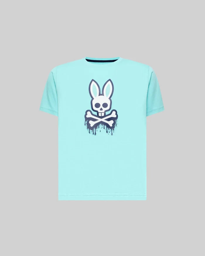 Kids Carl Graphic Tee, an aqua jersey t-shirt with a classic fit, featuring a large white and dark blue dripping Psycho Bunny skull graphic on the center chest.