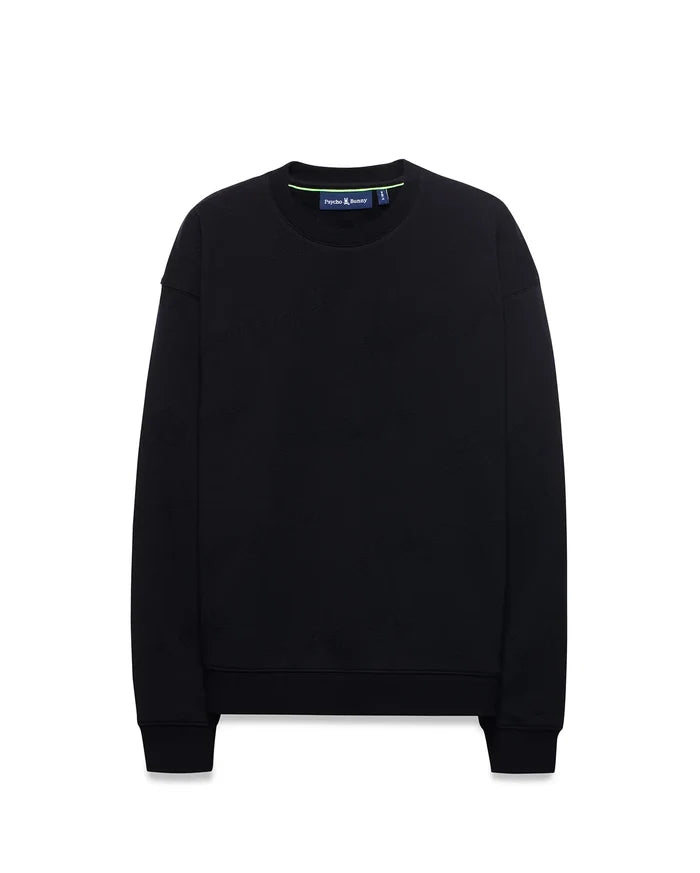 Kids Cedrick All Over Jacquard Crew, a black relaxed fit sweatshirt featuring a subtle tone-on-tone all-over jacquard Psycho Bunny skull logo pattern and a neon green inner collar detail.