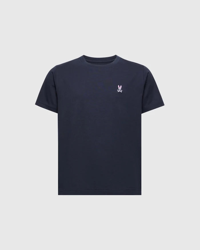 The Psycho Bunny KIDS CLASSIC CREW NECK TEE (B0U014CRPC) is a versatile black T-shirt made from 100% Pima cotton. It features a small white logo with crossed bones on the left chest, offering a minimalist design perfect for back-to-school outfits, with short sleeves and a crew neckline.