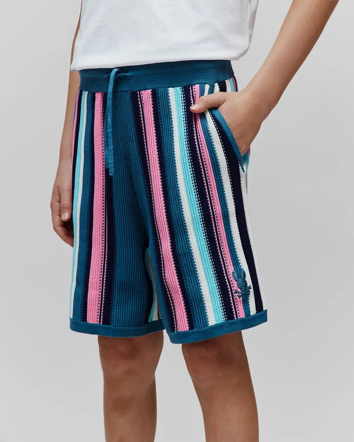 Teal, Pink, Light Blue, White, Navy striped Kids Cliff Knit Short with ribbed texture, drawstring waist, and small embroidered Psycho Bunny skull logo on the lower left leg.