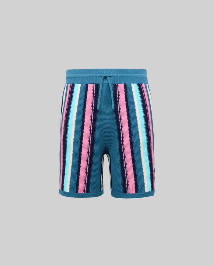 Kids Cliff Knit Short in teal, featuring a ribbed drawstring waistband and vibrant vertical stripes in pink, navy, light blue, and white, with a relaxed knit texture.