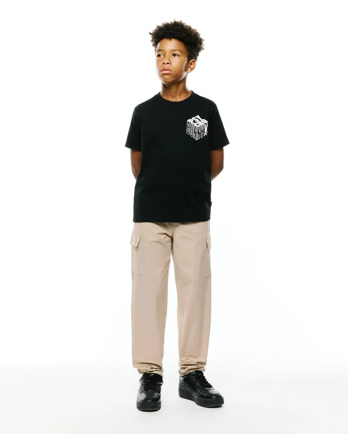 Kids Conan Back Graphic Tee, a black classic fit jersey t-shirt with a bold white 3D-effect Psycho Bunny text graphic prominently displayed on the front chest.