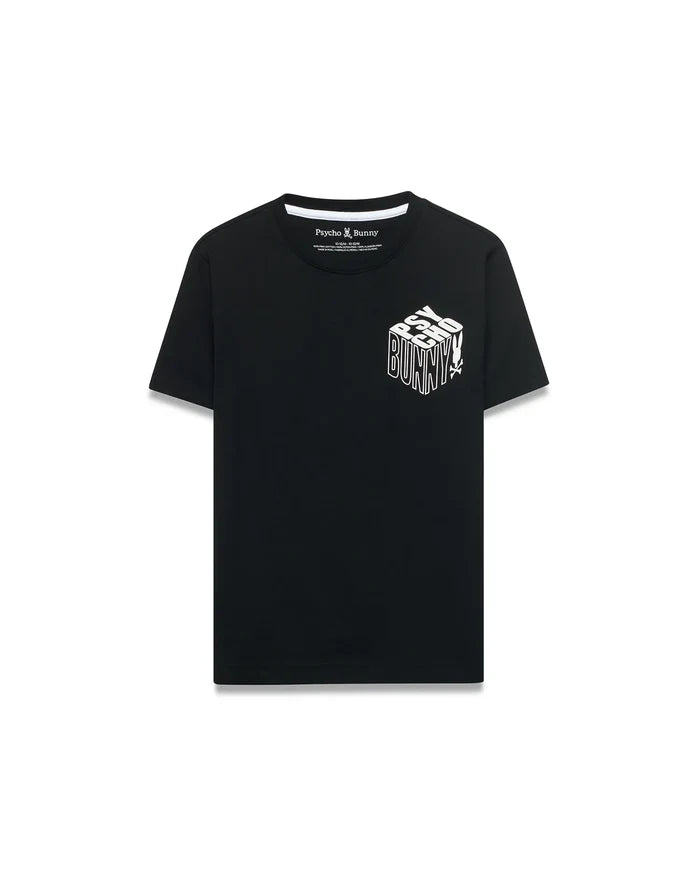 Kids Conan Back Graphic Tee in black, a classic fit jersey t-shirt featuring a white 3D-effect PSYCHO BUNNY text graphic and skull logo on the left chest.