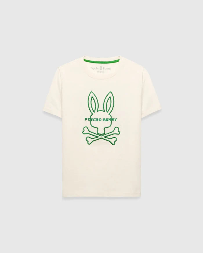 Kids Craig Graphic Tee, a classic fit off-white jersey t-shirt with a large green outline Psycho Bunny skull logo centered on the chest and a green neck trim.