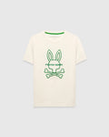 Kids Craig Graphic Tee, a classic fit off-white jersey t-shirt with a large green outline Psycho Bunny skull logo centered on the chest and a green neck trim.