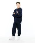 Navy blue relaxed fit hoodie with a large multicolor embroidered Psycho Bunny skull logo on the chest, paired with matching Kids Darcy Sweatpant featuring a small multicolor logo on the left thigh.