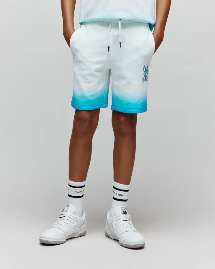 Kids Dax Sweatshort, white to blue ombre french terry with a relaxed fit and an embroidered blue Psycho Bunny skull logo on the left thigh.