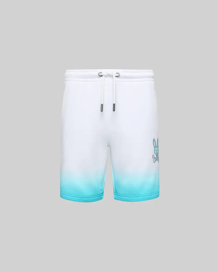 Kids Dax Sweatshort in white french terry with a relaxed fit, featuring an aqua ombre fade at the hem and a large aqua Psycho Bunny skull logo on the right leg, complete with a white drawstring.