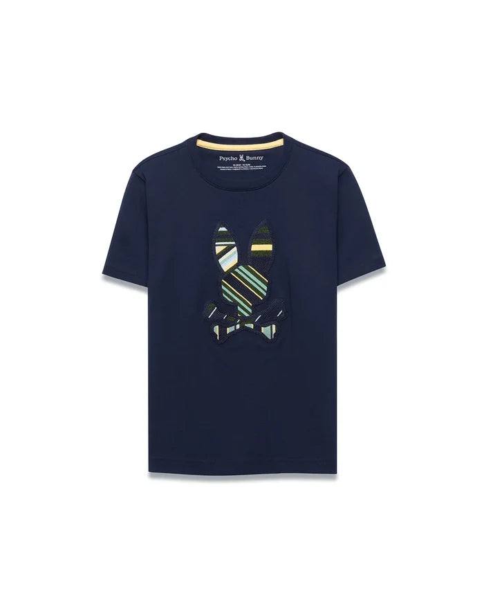 Kids Drew Embroidered Graphic Tee in navy, featuring a classic fit and soft jersey knit. A large, center chest embroidered Psycho Bunny skull logo displays vibrant green, yellow, light blue, and white stripes.