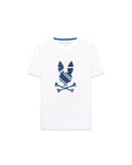 Kids Drew Embroidered Graphic Tee, white classic fit jersey knit with a large central embroidered Psycho Bunny skull logo featuring blue, navy, and light blue stripes.