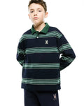 Kids Drew Striped L/S Pique Polo in navy with light green and white horizontal stripes, a dark green collar, two-button placket, and a small embroidered white Psycho Bunny skull logo on the left chest.