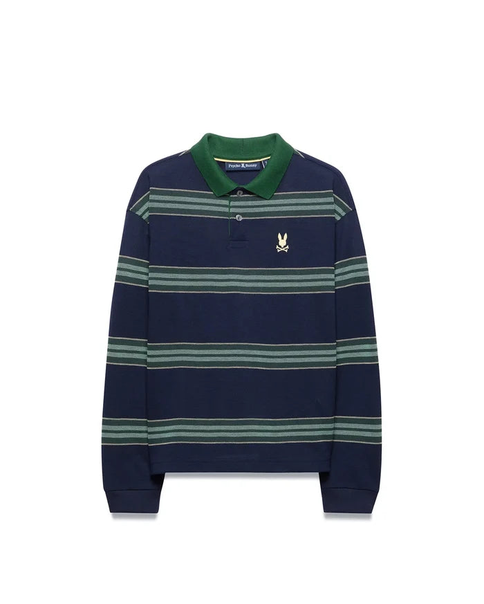 Kids Drew Striped L/S Pique Polo in navy with green collar and horizontal green and white stripes, featuring a small embroidered gold Psycho Bunny skull logo on the left chest.