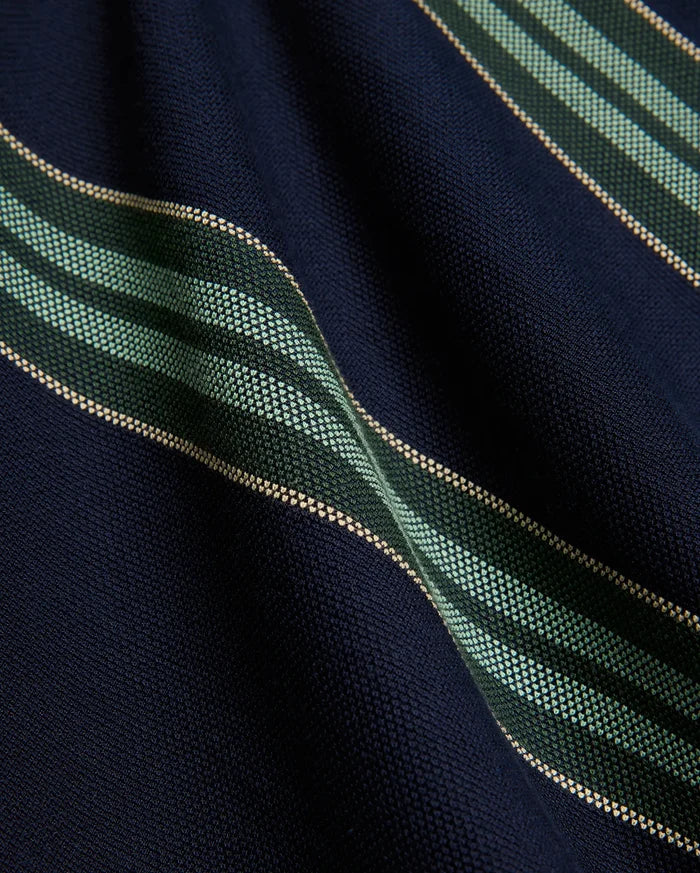 Kids Drew Striped L/S Pique Polo in navy, featuring a textured pique knit fabric with bold horizontal stripes in dark green, mint green, and thin beige accents.