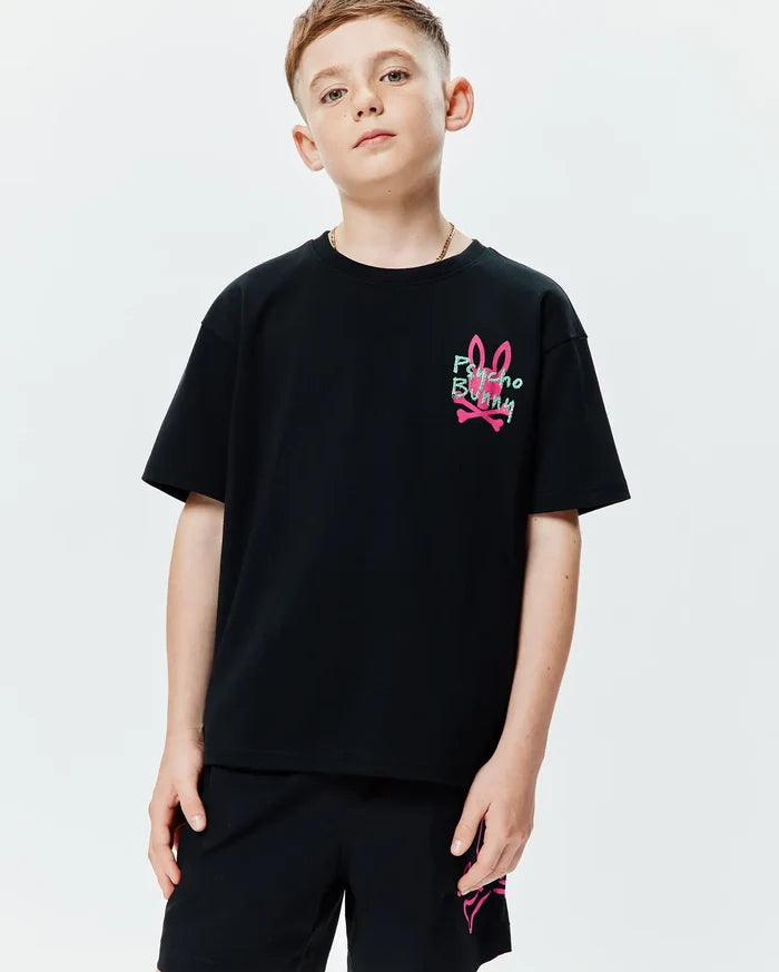 Kids Duncan Relaxed Fit Tee in black jersey knit, featuring a small graphic print of the pink bunny skull logo with green Psycho Bunny text on the left chest.