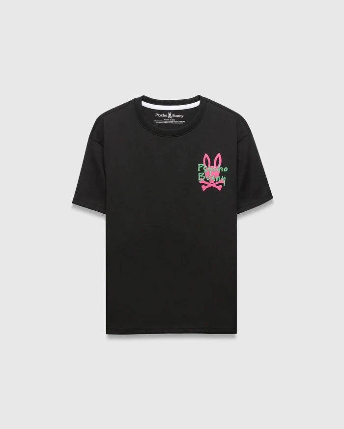 Kids Duncan Relaxed Fit Tee, black ribbed jersey, relaxed fit, with a vibrant pink and green Psycho Bunny skull logo and text graphic on the left chest.