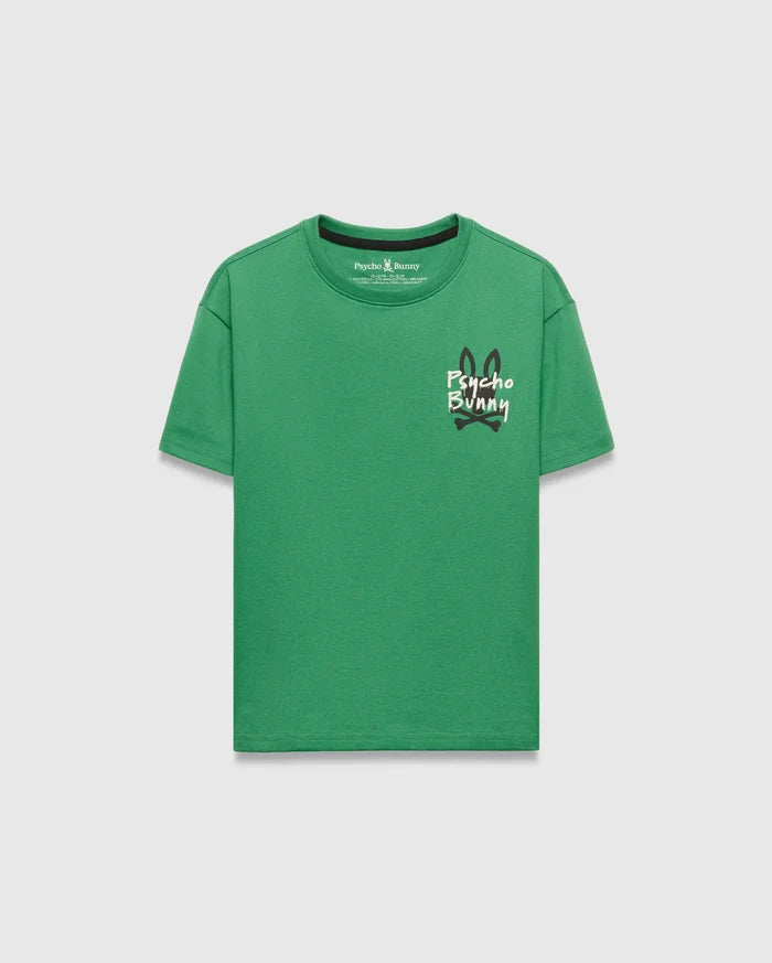 Kids Duncan Relaxed Fit Tee, vibrant green jersey knit, relaxed fit, black ribbed crew neck, featuring a large central Psycho Bunny skull logo in white, black, and red.