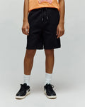 Kids Dustin Sweatshort, a premium black relaxed-fit sweatshort featuring a unique all-over quilted texture and an adjustable drawstring waist for refined streetwear style.