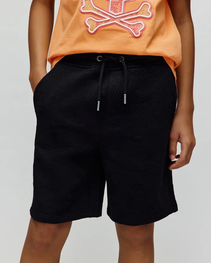 Kids Dustin Sweatshort, a premium black textured knit with a subtle geometric pattern, offering a relaxed fit and an adjustable drawstring waist with sleek silver-tipped cords.