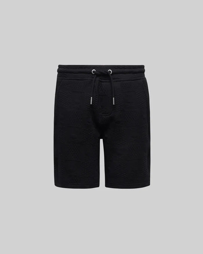 Kids Dustin Sweatshort, a black relaxed fit french terry short featuring an all-over embossed checkerboard pattern and an adjustable drawstring waist with silver tips, from Psycho Bunny.