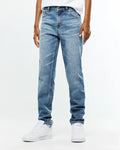 Kids Emerson Denim Pant in a classic straight fit, featuring a medium blue wash with subtle fading, whiskering, and a traditional five-pocket design.