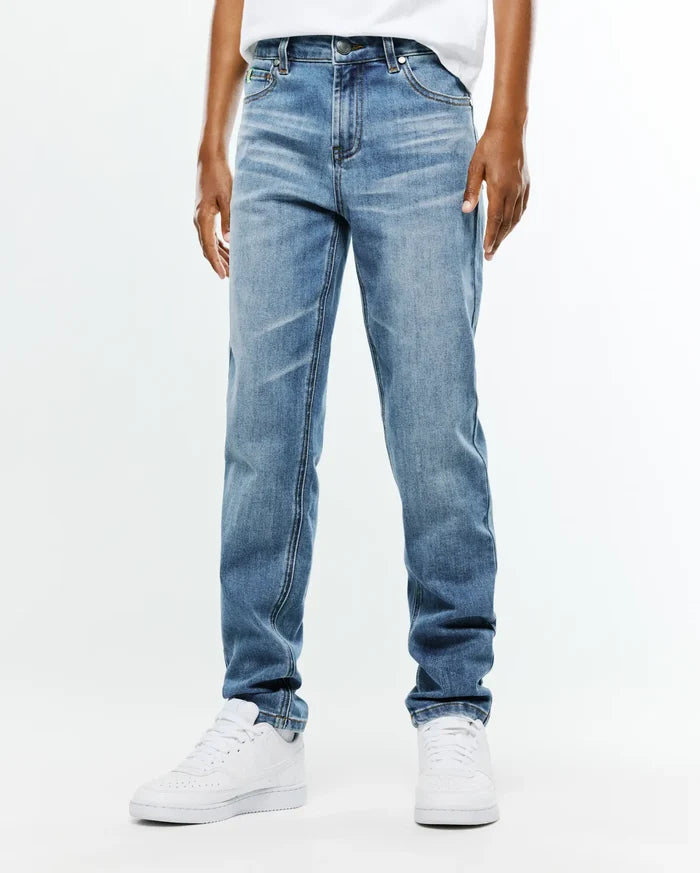 Kids Emerson Denim Pant in a classic straight fit, featuring a medium blue wash with subtle fading, whiskering, and a traditional five-pocket design.