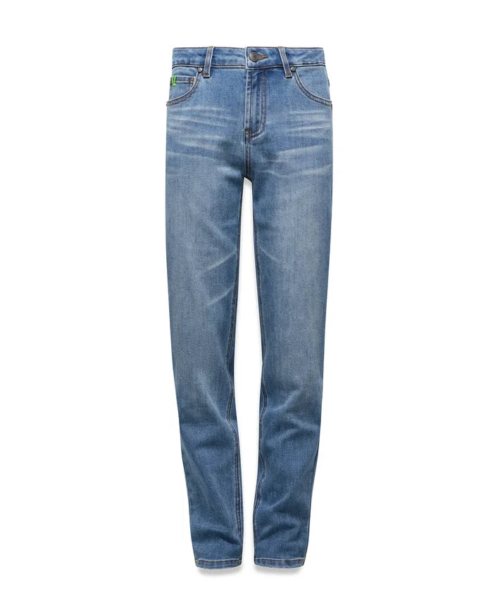 Kids Emerson Denim Pant in light blue denim, featuring a faded wash, classic five-pocket style, and a small green embroidered Psycho Bunny skull logo on the coin pocket.