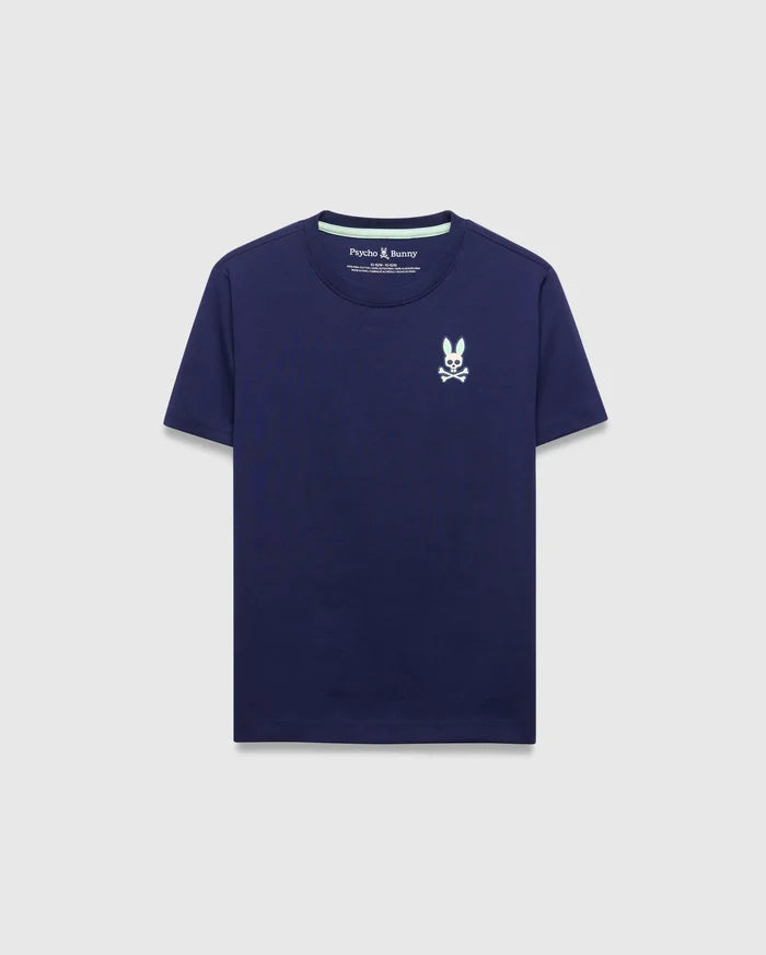 Kids Frank Back Graphic Tee, a classic fit navy blue jersey t-shirt with a small iridescent Psycho Bunny skull logo on the left chest and a subtle mint green inner collar detail.