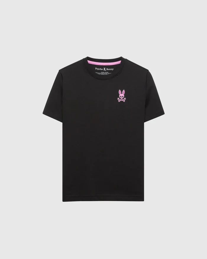 Kids Frank Back Graphic Tee, black classic fit jersey t-shirt featuring a small pink embroidered Psycho Bunny skull logo on the left chest and pink inner neck tape.