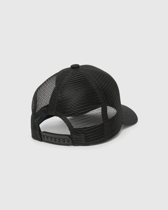 Kids Frank Trucker Cap in black, featuring breathable mesh back panels, a solid front and brim, a top button, and an adjustable snapback closure for a comfortable fit.