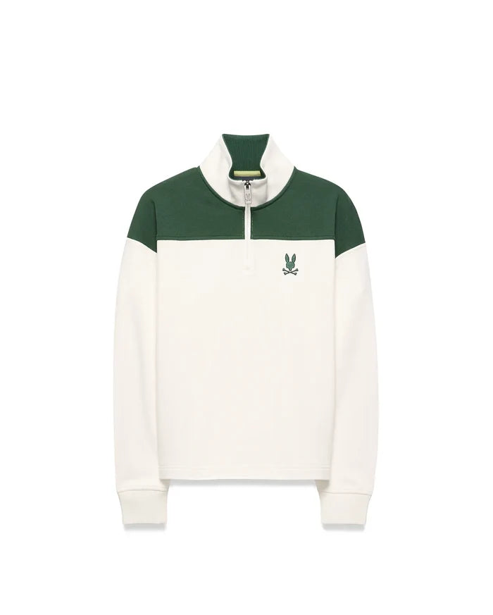 KIDS GABE FRENCH TERRY 1/4 ZIP in cream and dark green color block, with a classic fit, ribbed collar, branded zipper, and embroidered Psycho Bunny skull logo on the left chest.