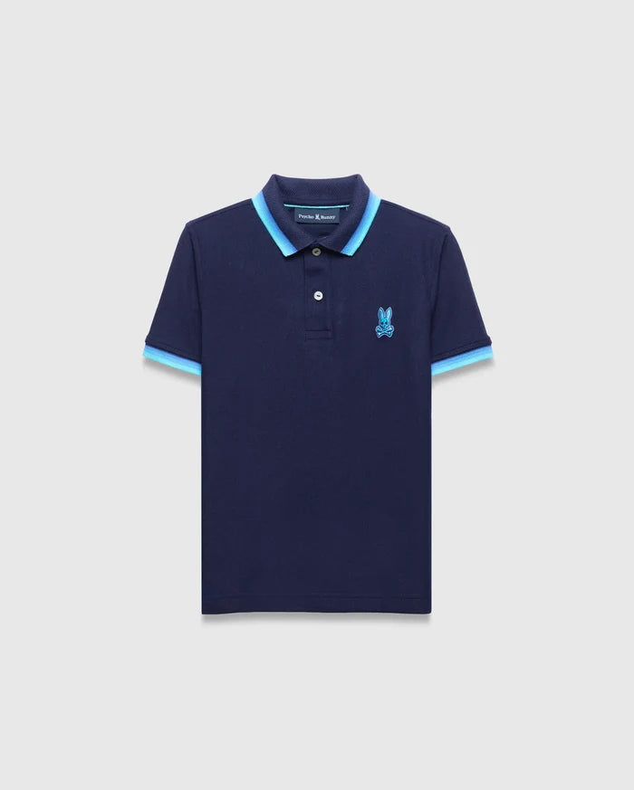 Kids Holden Pique Polo, navy classic fit pique knit with light blue and medium blue striped collar and cuffs, featuring an embroidered Psycho Bunny skull logo on the left chest.