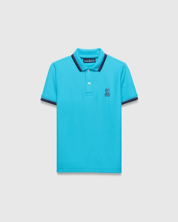 Kids Holden Pique Polo in vibrant aqua, featuring a classic fit, pique texture, navy blue ribbed collar with a white stripe, matching cuffs, and a small embroidered Psycho Bunny skull logo on the left chest.